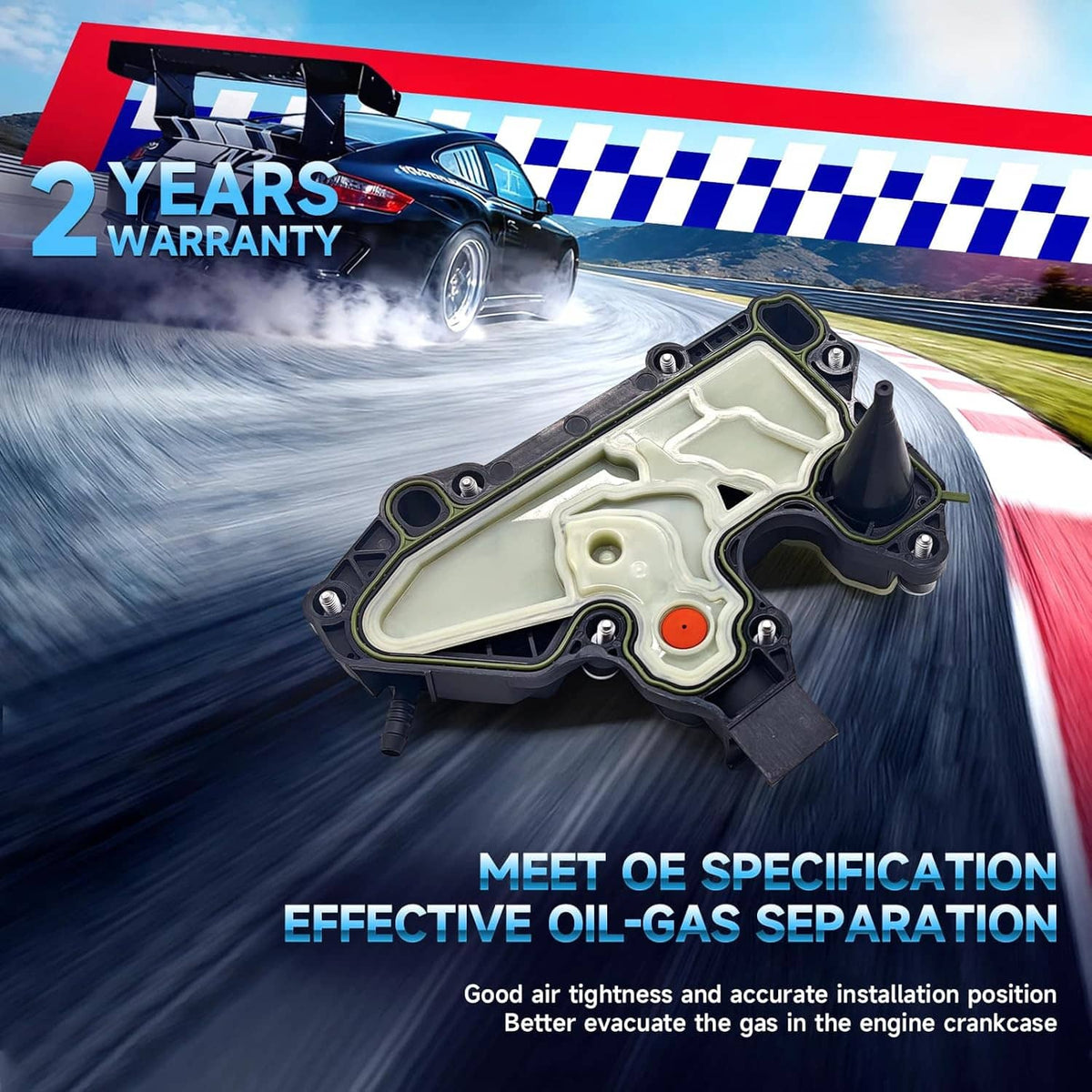 PCV oil separator valve with light-green gasket cover and black round actuator, angled view