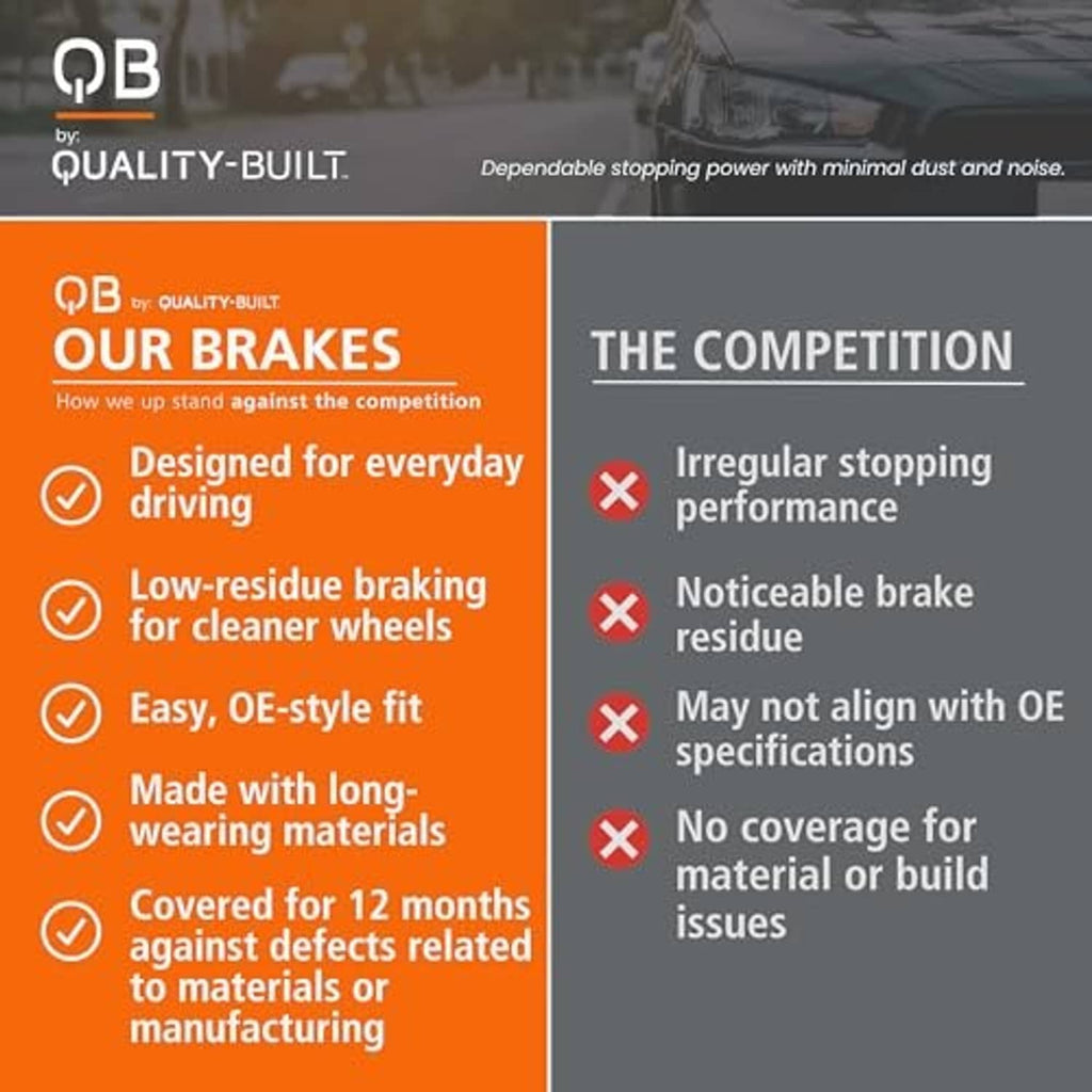 Brake pad comparison graphic with orange panel and dark brake rotor background