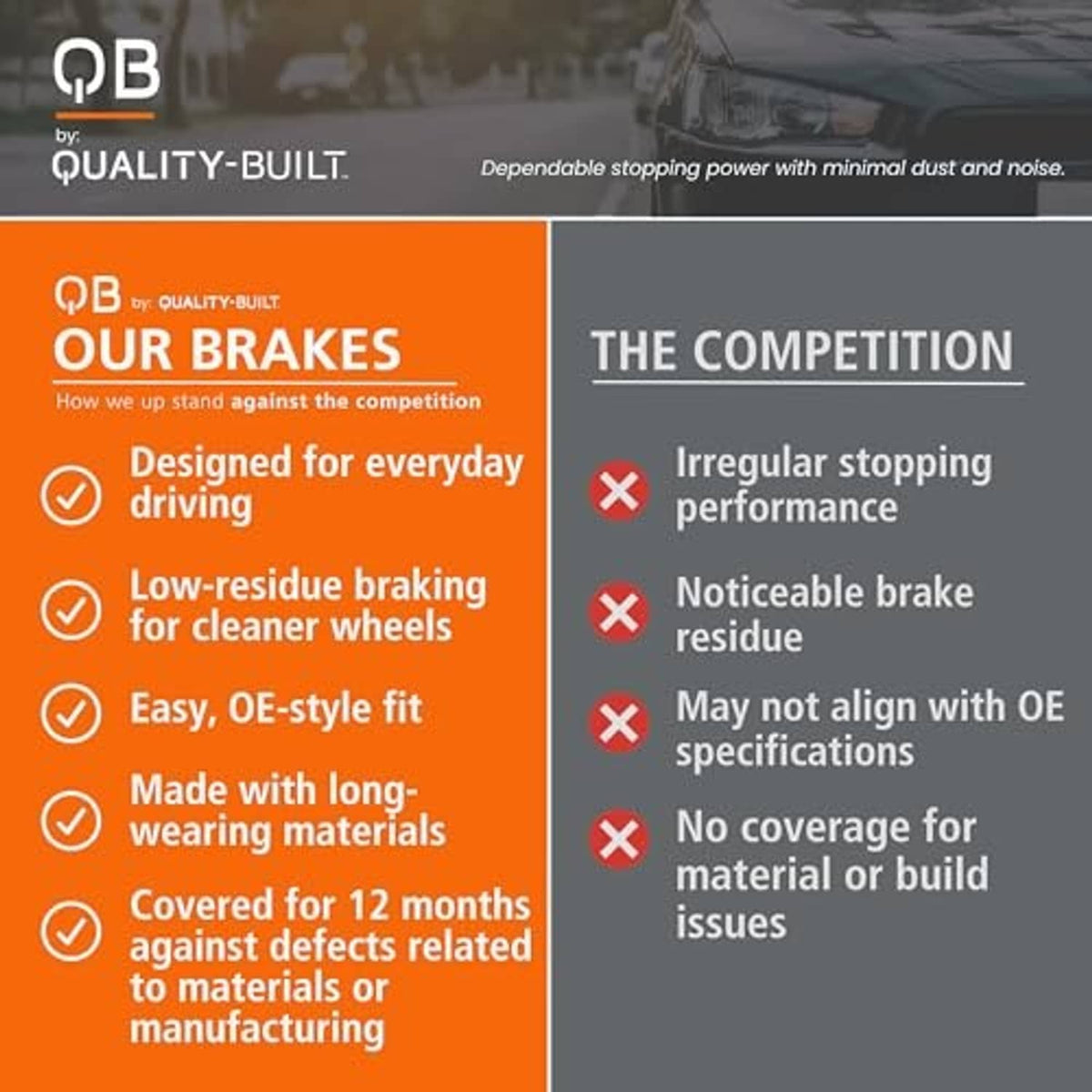Brake pad comparison graphic with orange panel and dark brake rotor background