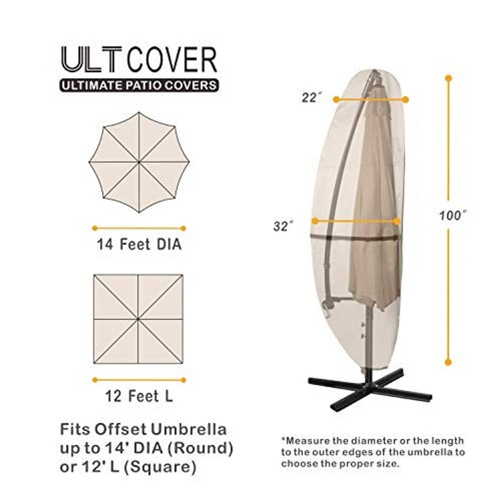 Tan umbrella cover with black band on cross base stand, front sizing view