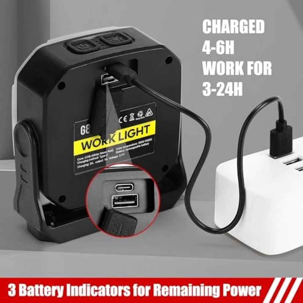 Rechargeable work light with Type-C charging port, rear view, gray housing and cable