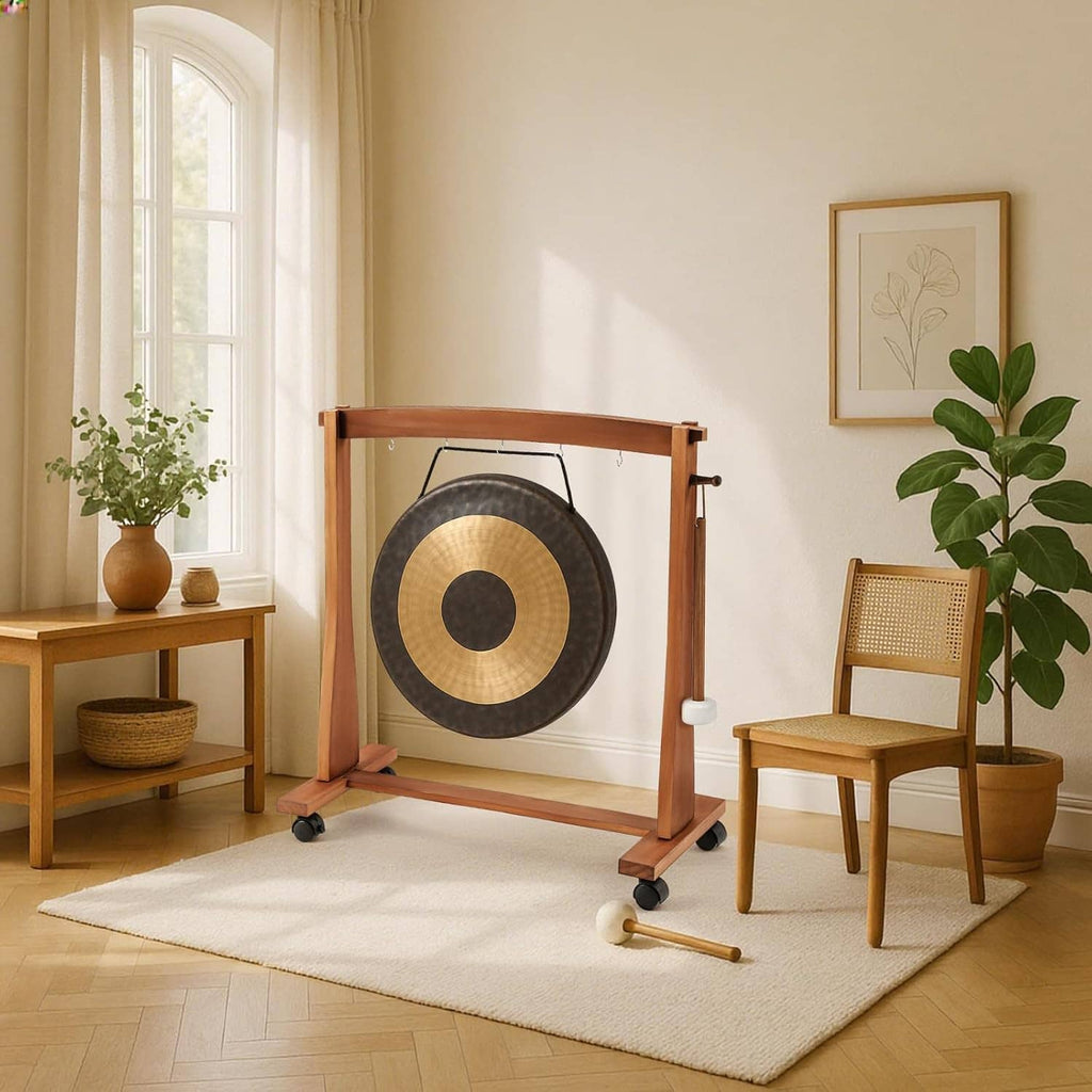 Wood gong chime stand with hanging gong and caster wheels, freestanding rectangular frame