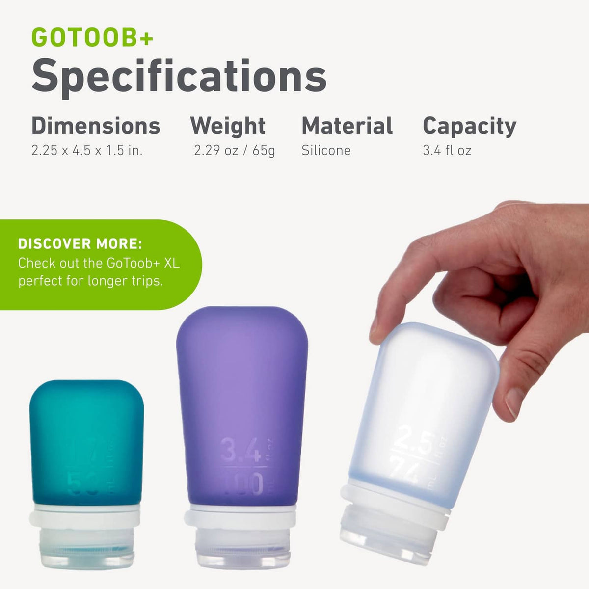 Silicone travel bottle set in teal, purple, and white, with caps and textured sides