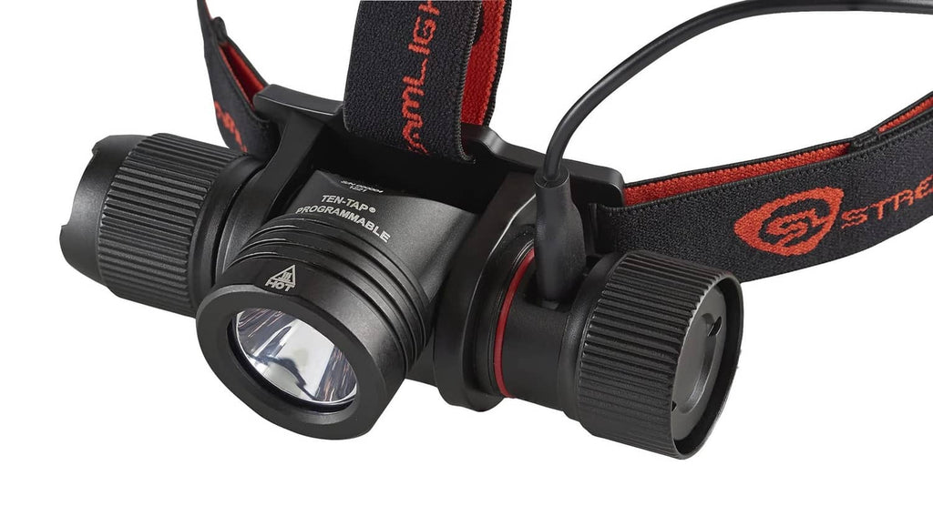 Streamlight black headlamp close-up with adjustable strap and front lens housing