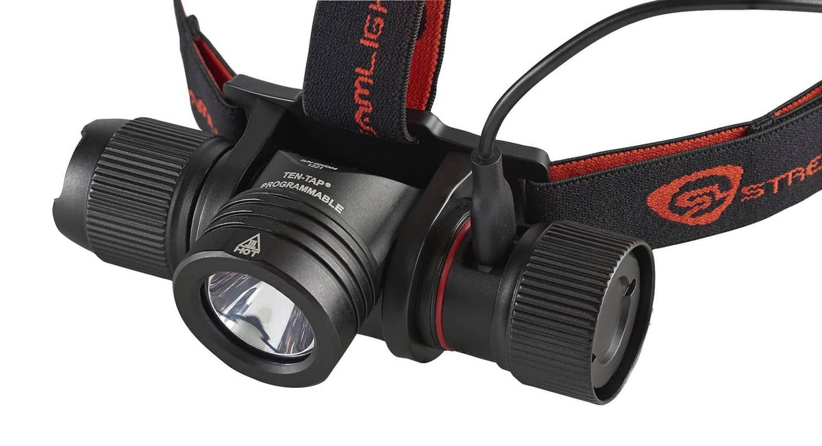 Streamlight black headlamp close-up with adjustable strap and front lens housing