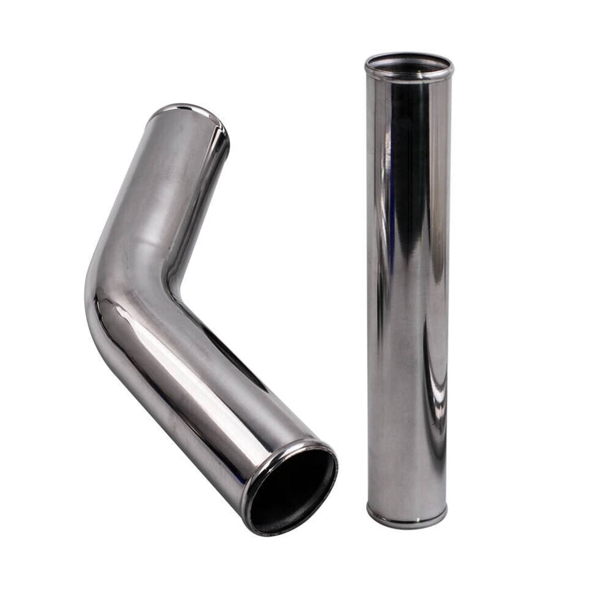 Polished aluminum U-pipe and straight tube sections with open ends