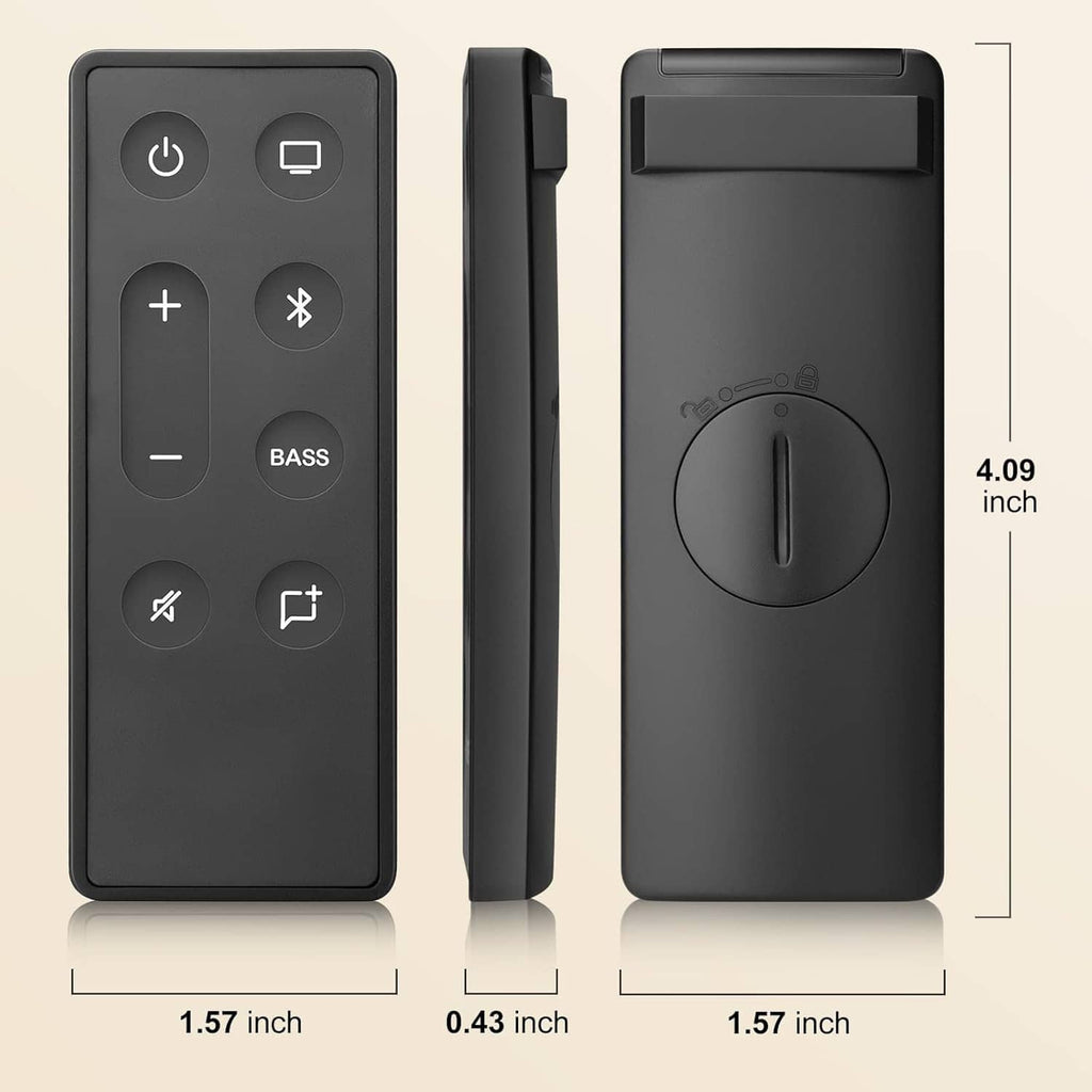 Black remote control shown in front, side, and back views with size marks