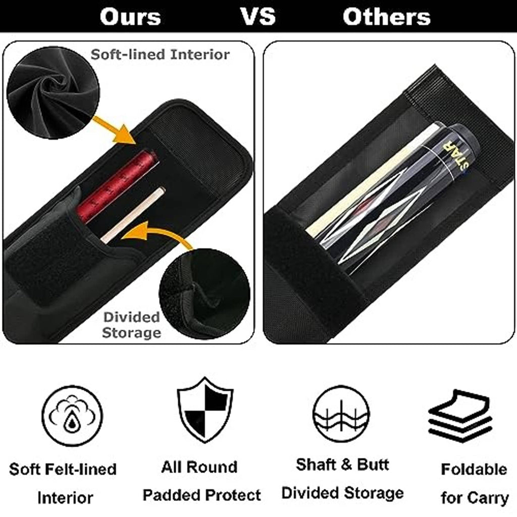 Black soft-lined cue case with divided storage slots and padded interior