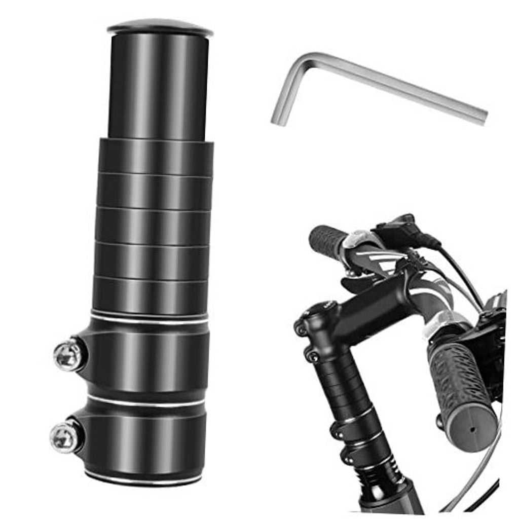 Black bicycle handlebar riser extender with clamp bolts and silver L-bracket