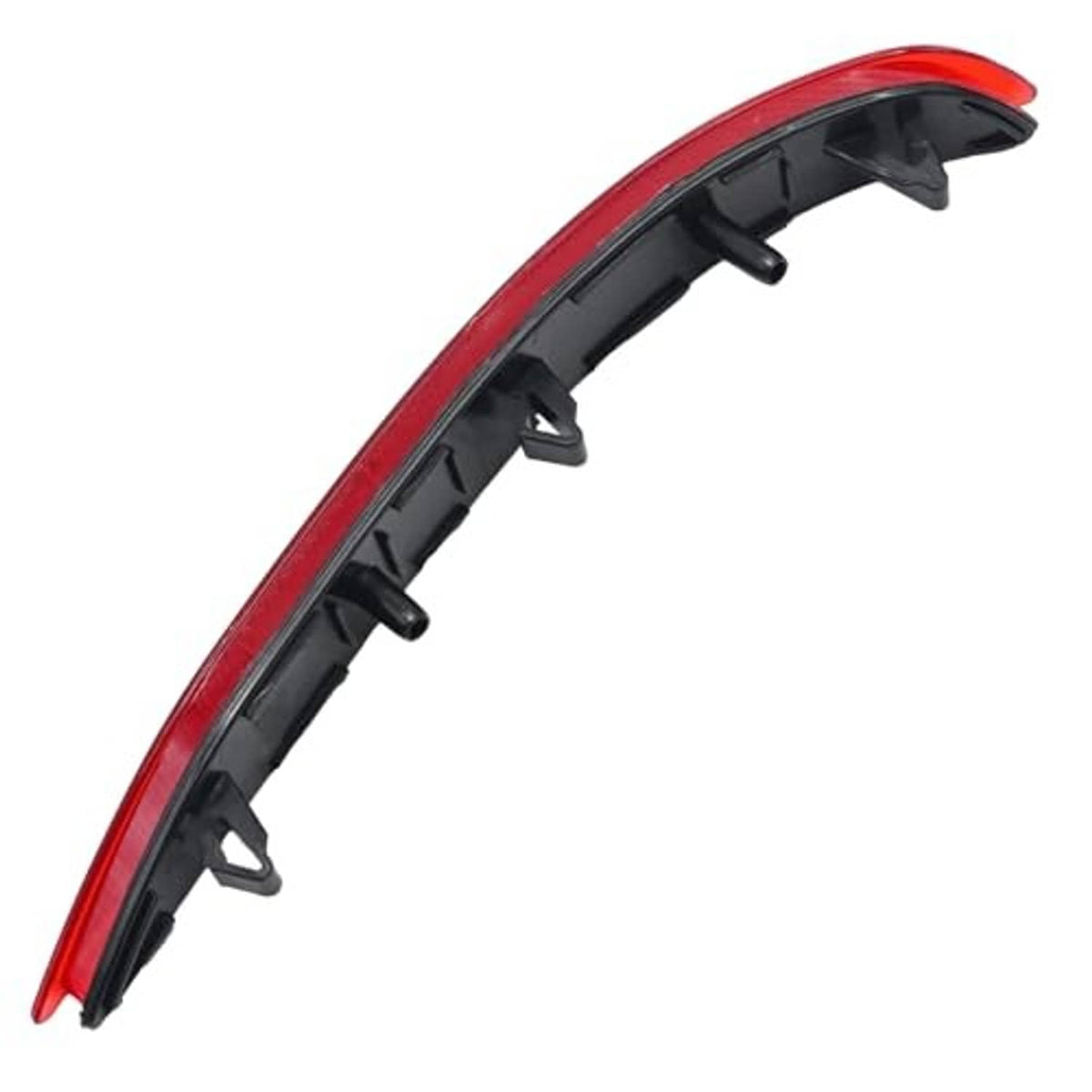 Red rear bumper reflector with black underside mounting tabs and curved shape