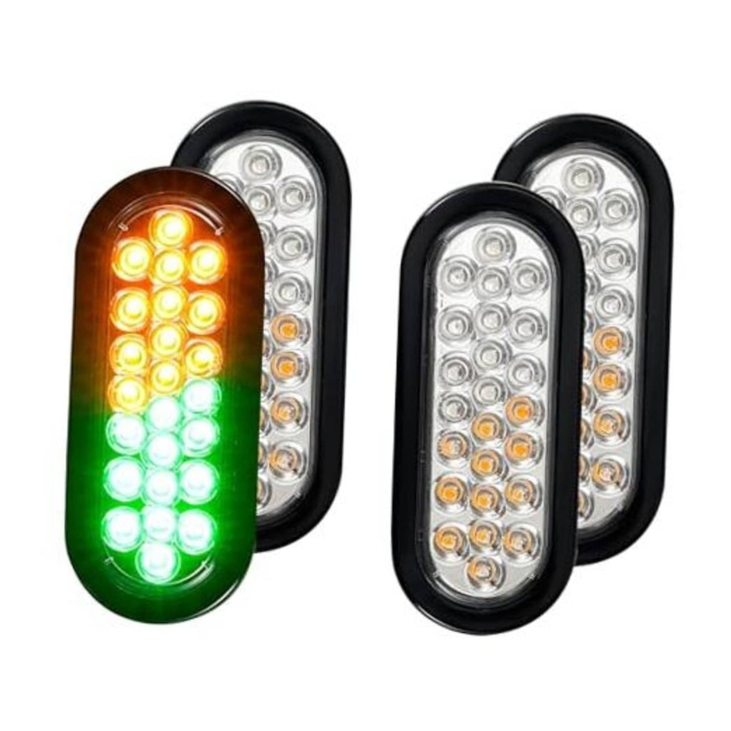 Oval LED strobe light with black housing, amber and green glowing LED array