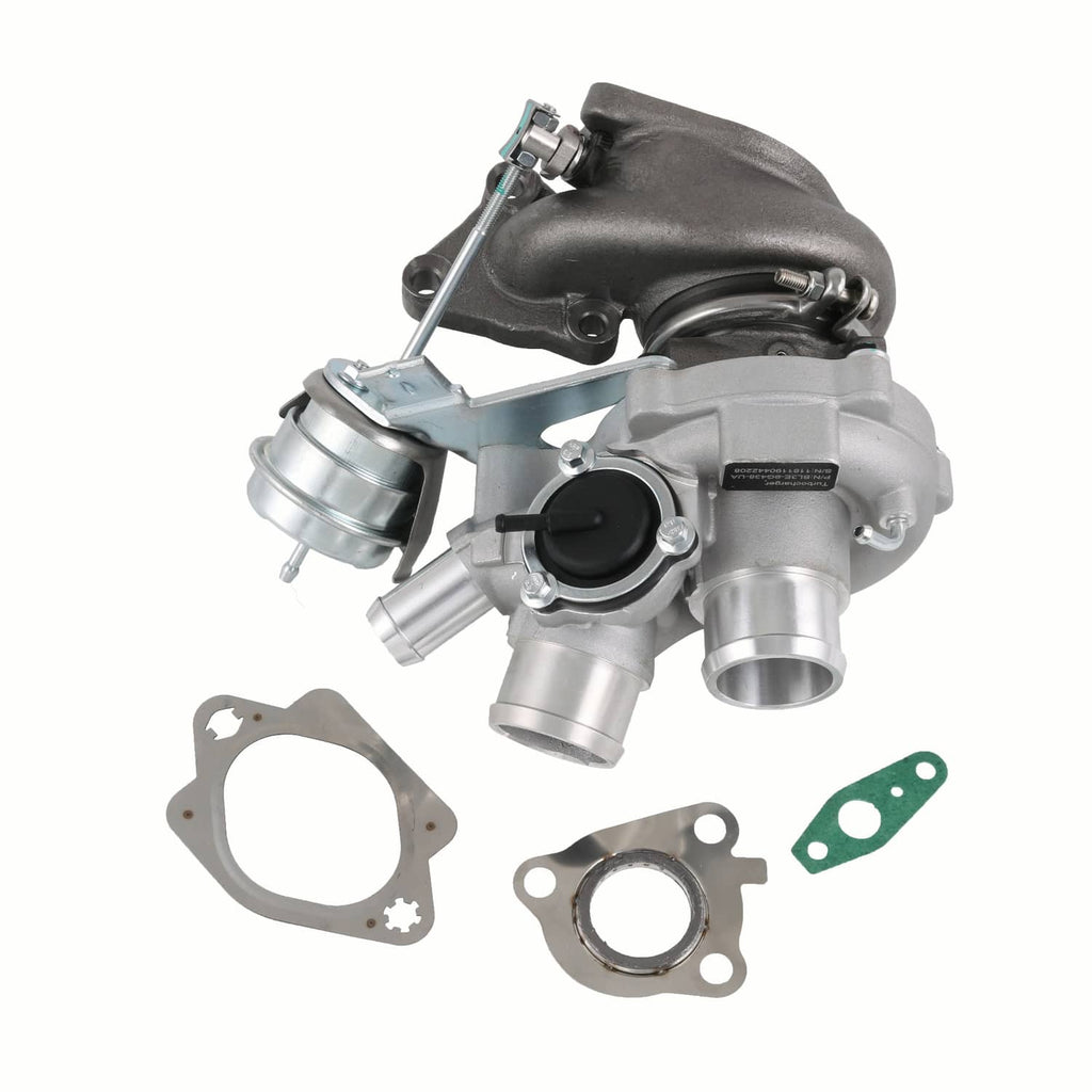 Left-side turbocharger assembly with black compressor housing and metallic turbine