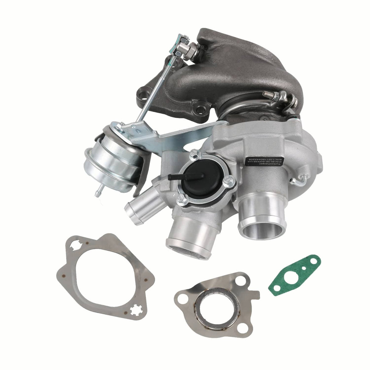 Left-side turbocharger assembly with black compressor housing and metallic turbine