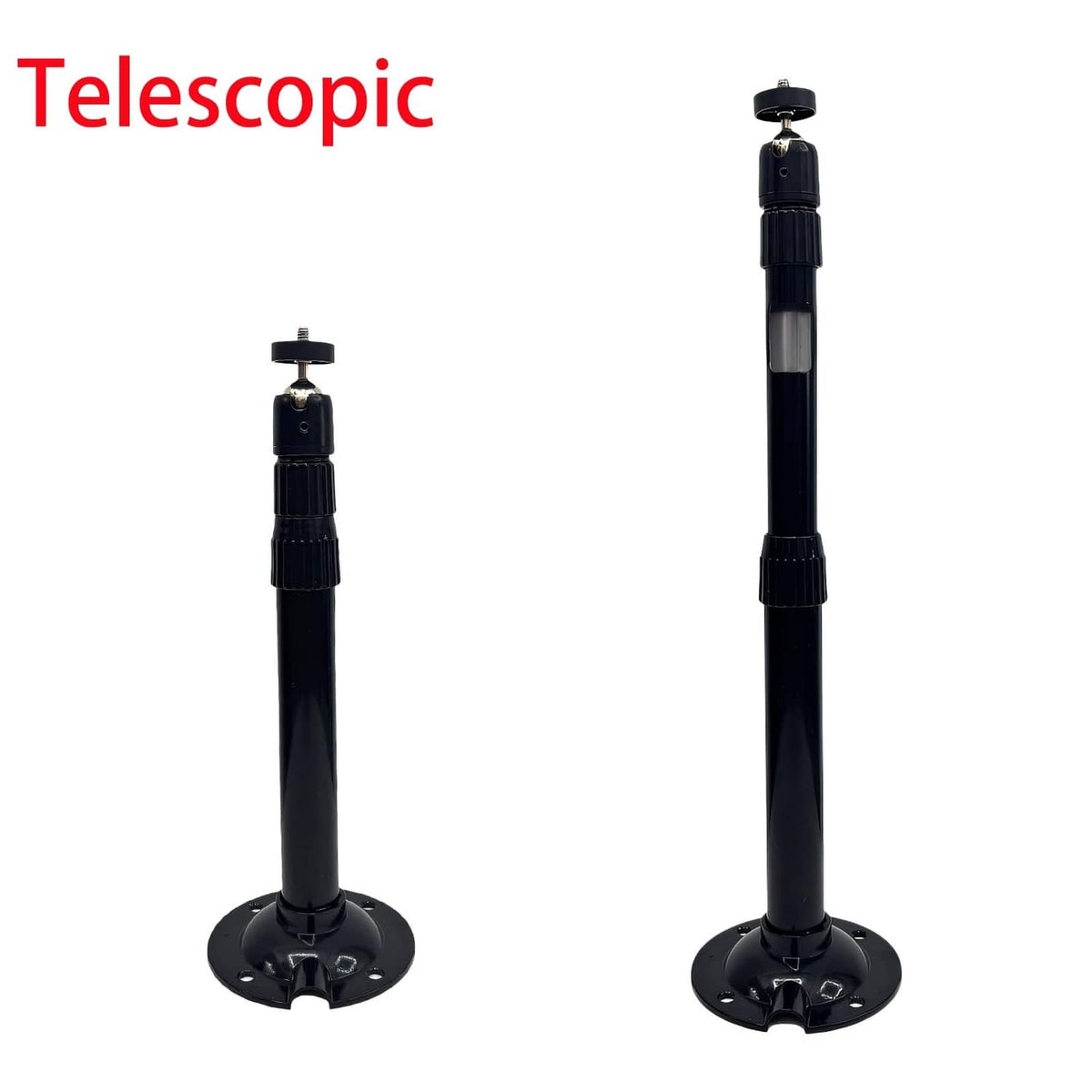 Black telescoping ceiling projector mount shown at two extension heights