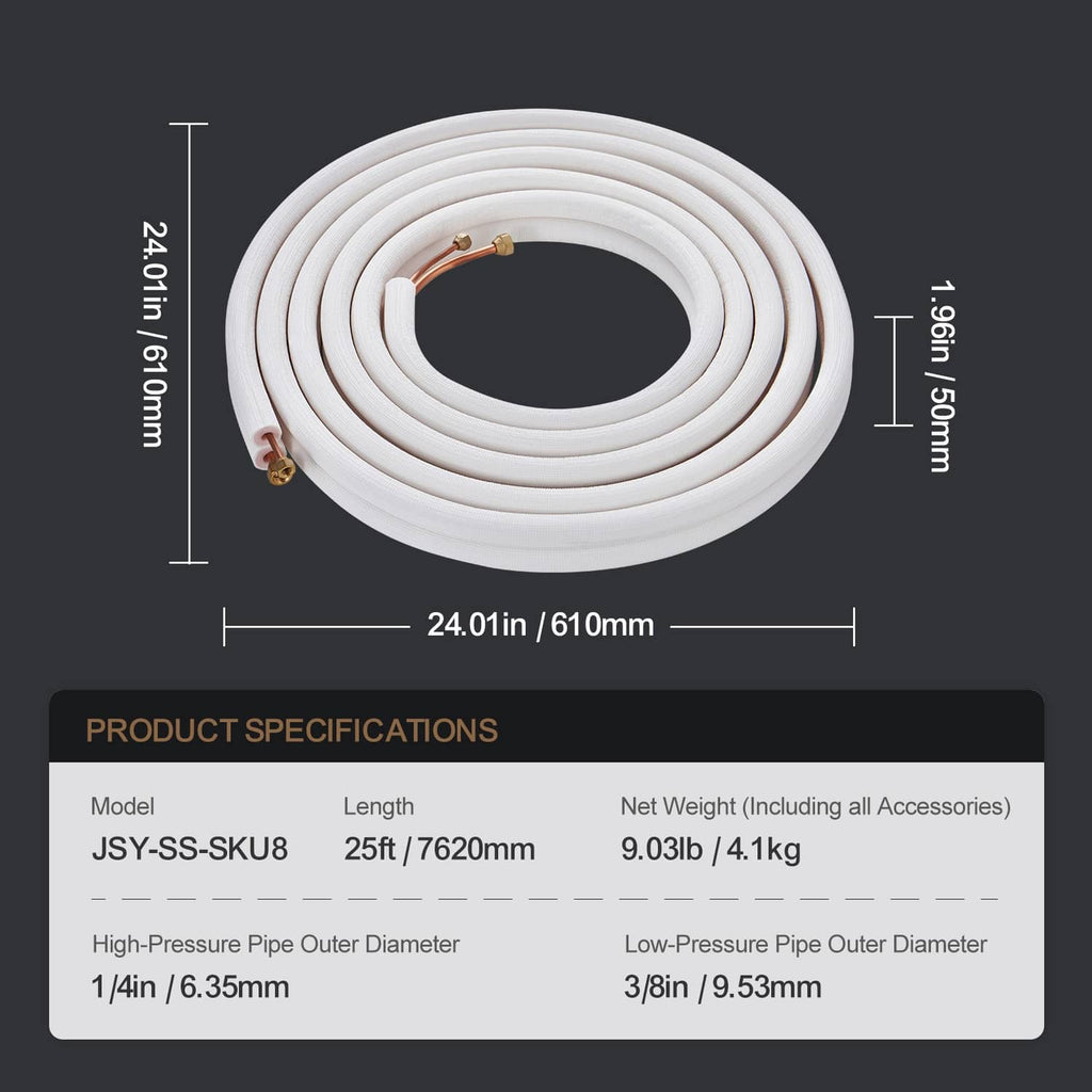 Insulated mini split line set, 25 ft coil with 1/4 in and 3/8 in dual copper tubing