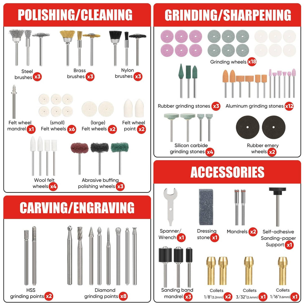 Polishing, grinding, carving, and cleaning attachment assortment for rotary tool