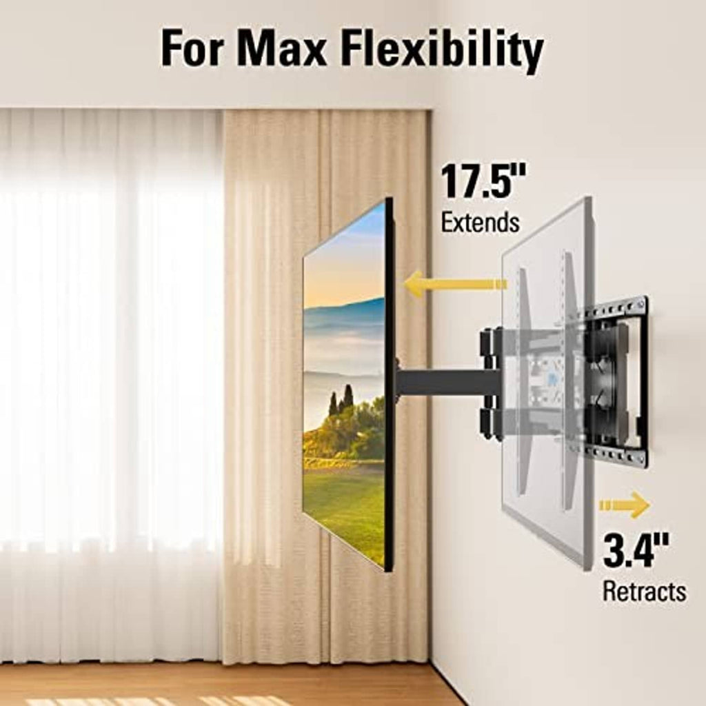 Black TV wall mount extended outward from wall for flexible viewing