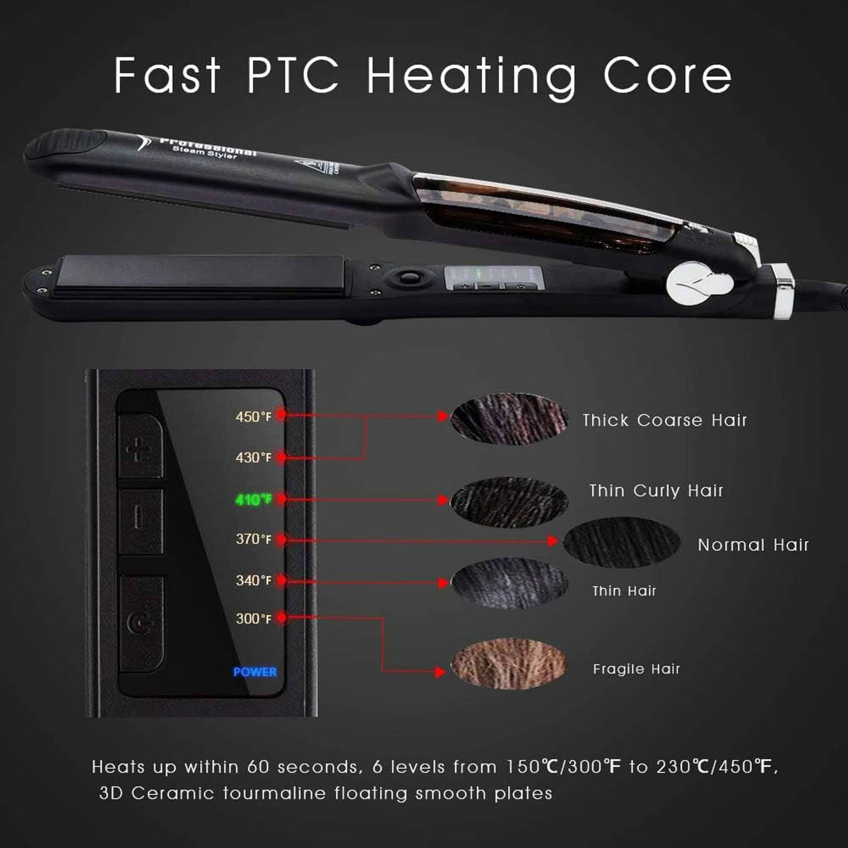 Black steam flat iron with straightening plates and control panel