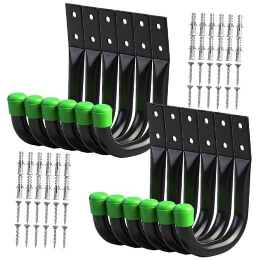 Pair of black U-shaped utility hooks with green rubber tips and mounting plate holes