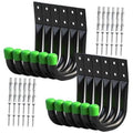 Pair of black U-shaped utility hooks with green rubber tips and mounting plate holes