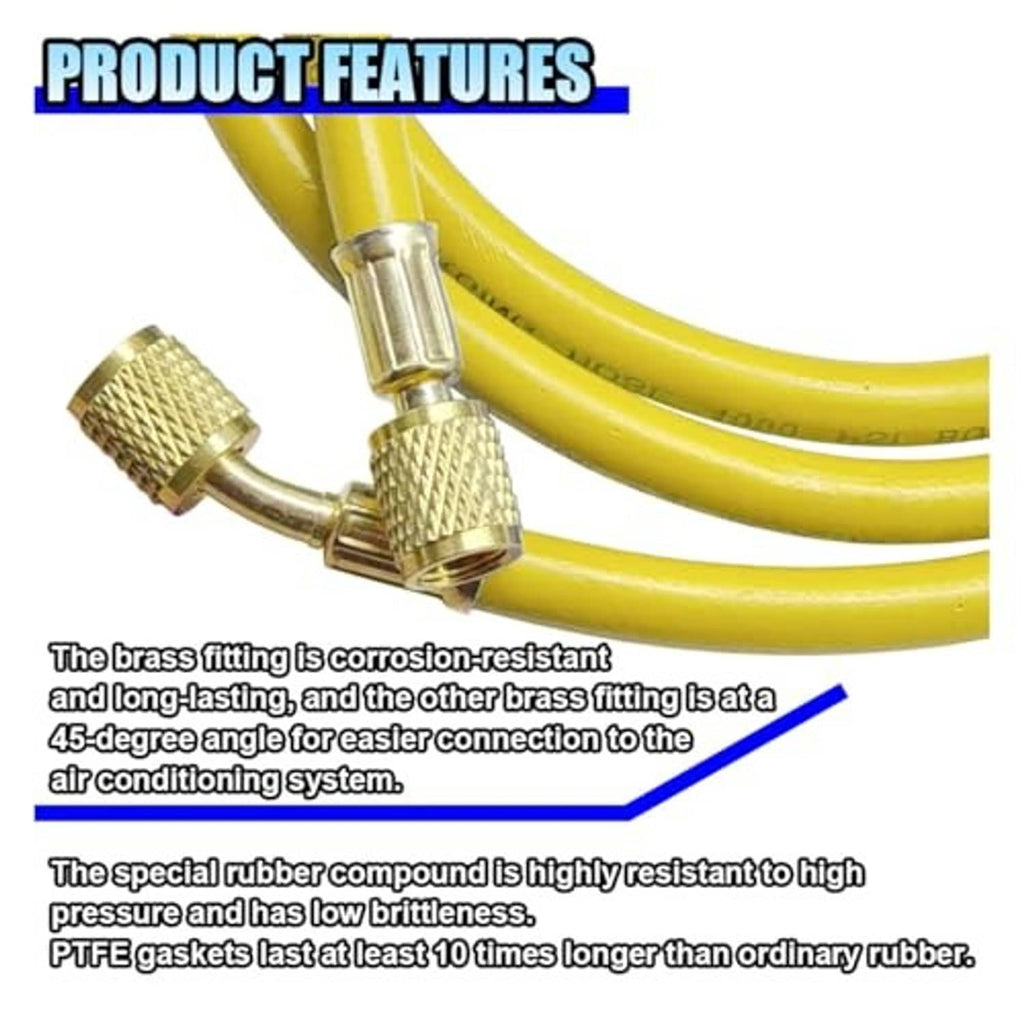 Yellow refrigerant hose with brass fittings and curved connector section