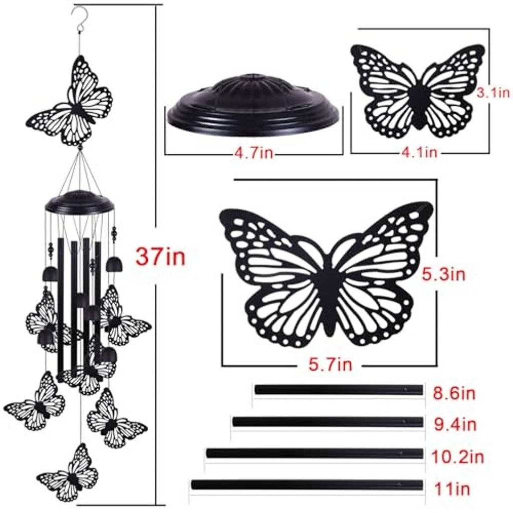 Black butterfly wind chime with hanging rods and butterfly silhouettes, size guide