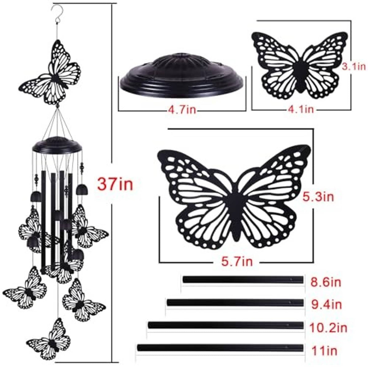 Black butterfly wind chime with hanging rods and butterfly silhouettes, size guide
