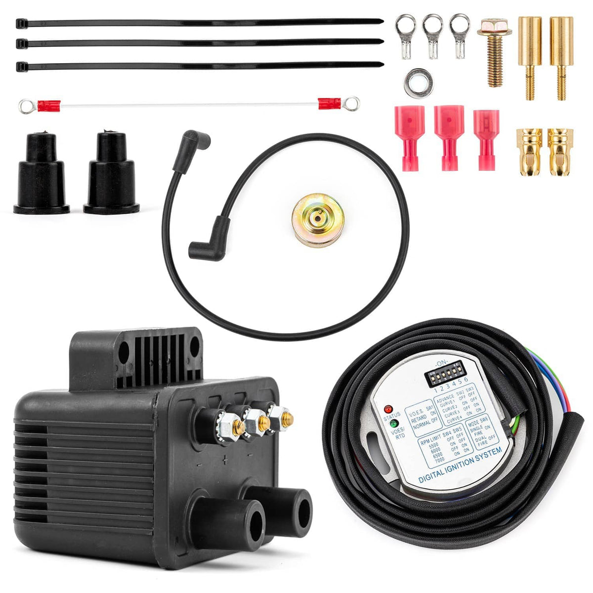 Programmable ignition coil kit with black control module, wiring harness, and terminals