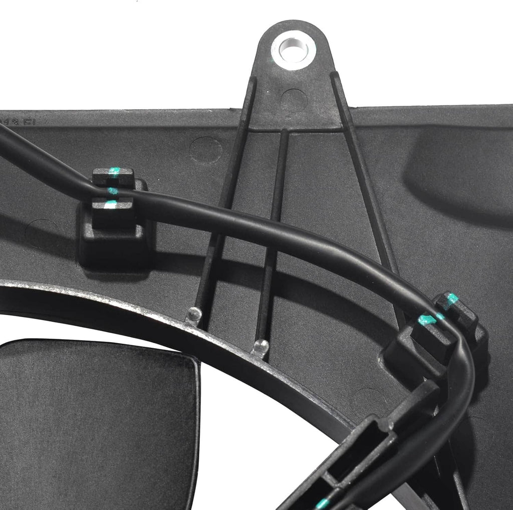 Radiator cooling fan frame with cable routing and electrical connector clips