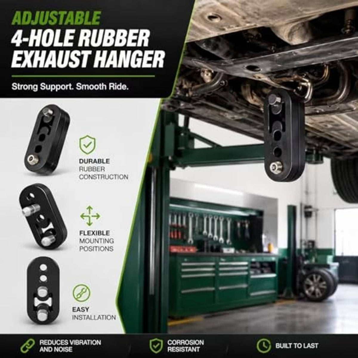 Four-hole rubber exhaust hangers installed under vehicle, supporting the exhaust pipe