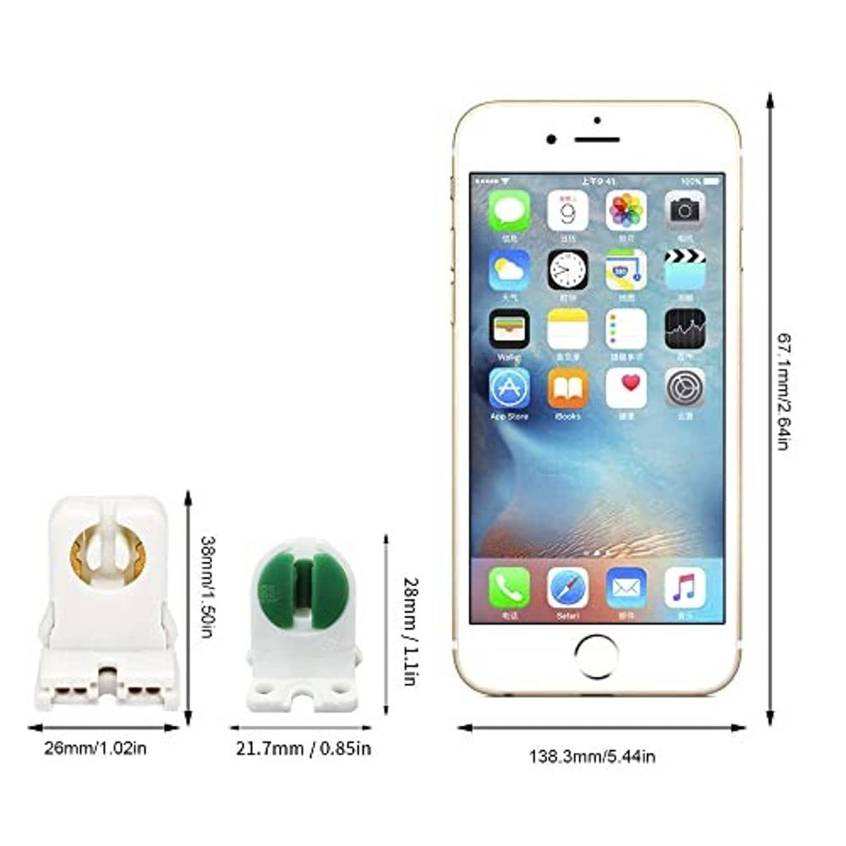 T5 LED tube lamp holder with green spring contacts on a white tombstone base
