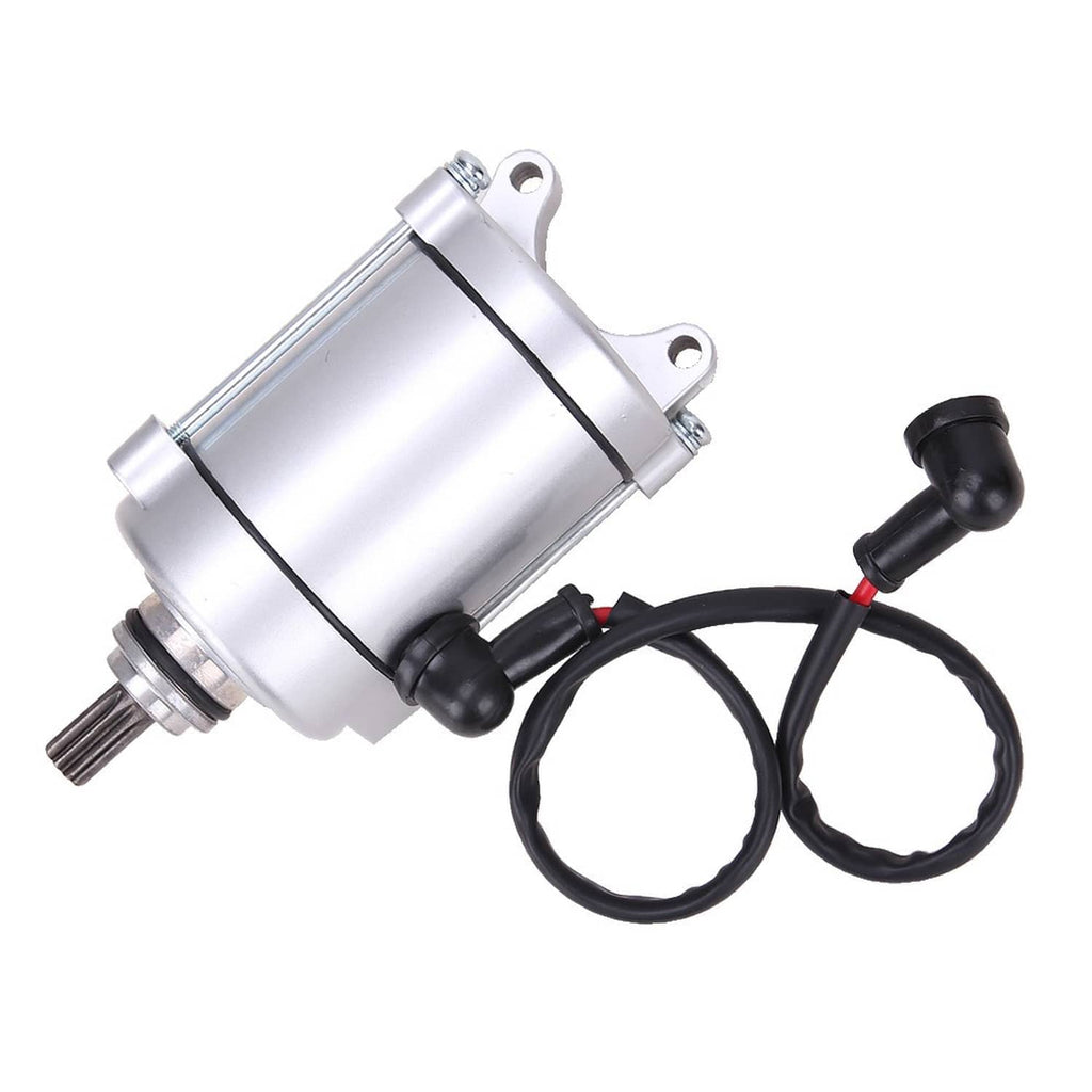 ATV starter motor with silver body, black cable leads, and mounting tabs