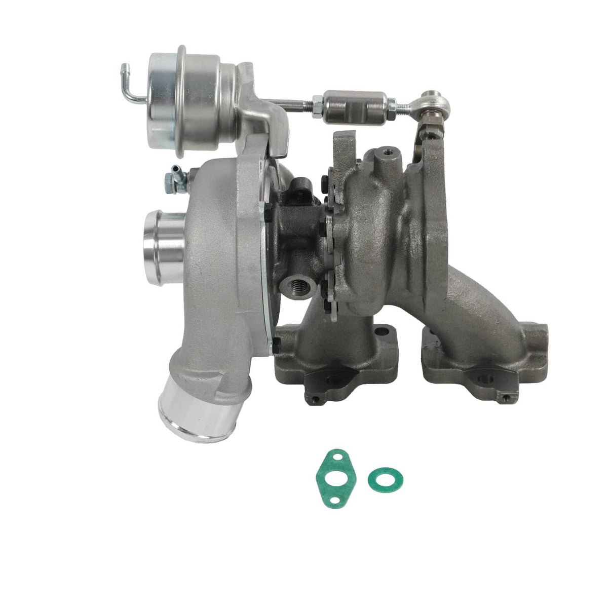 Turbocharger assembly with cast housing and attached outlet pipe
