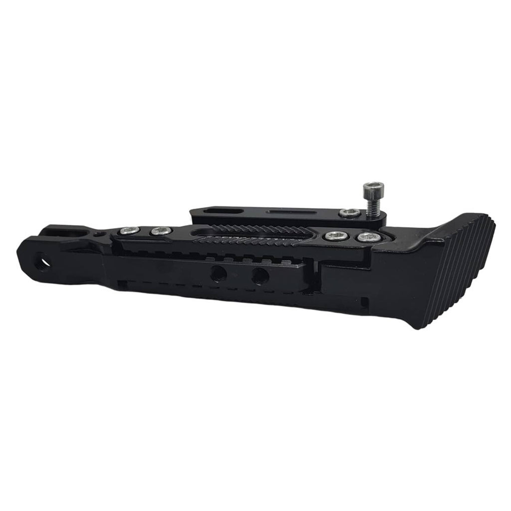 Black kickstand holder bracket side view with knurled foot and threaded adjustment bolt