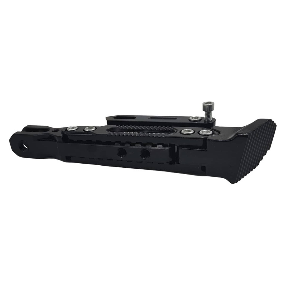Black kickstand holder bracket side view with knurled foot and threaded adjustment bolt