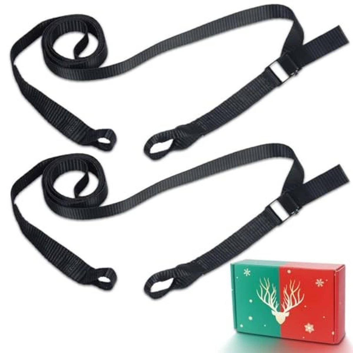 Two-pack black webbing tree stand straps with metal quick-buckle ends