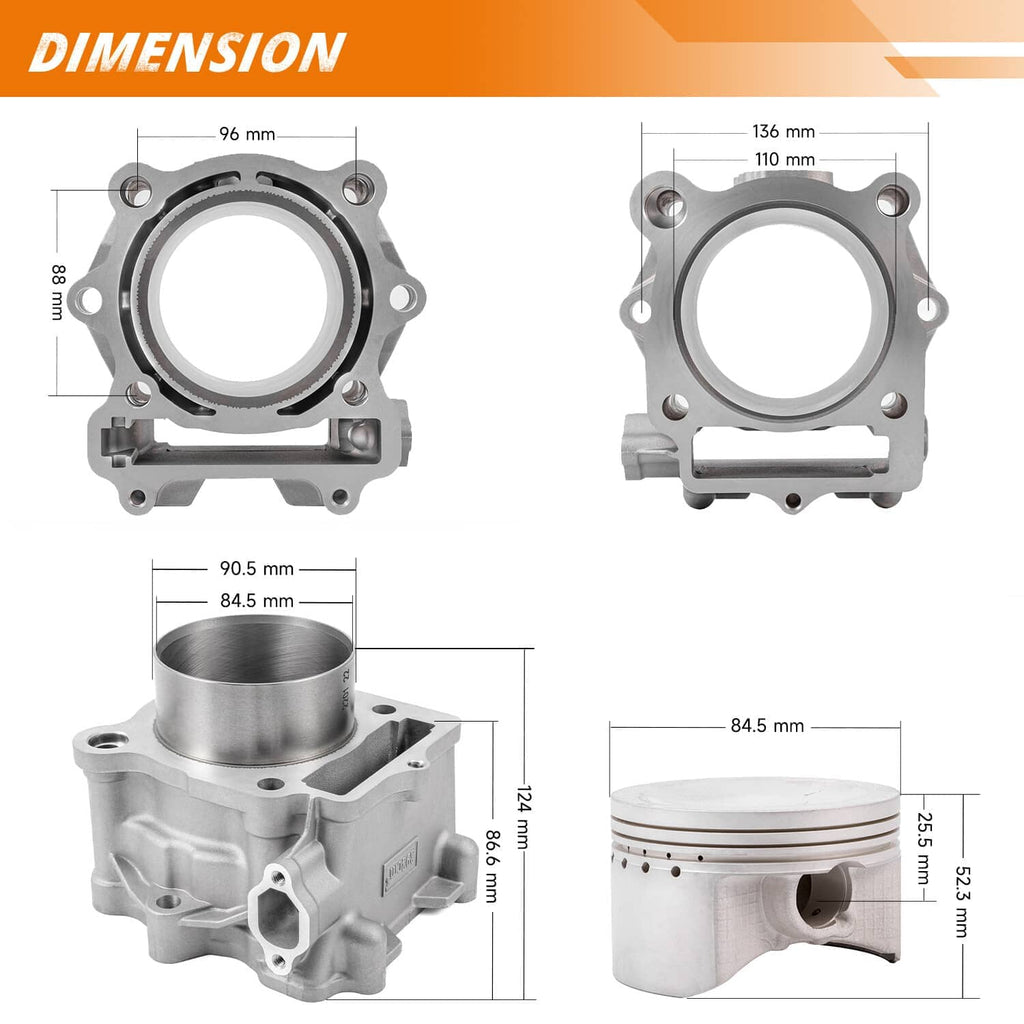 Cylinder and piston kit shown with hardware components and dimension views
