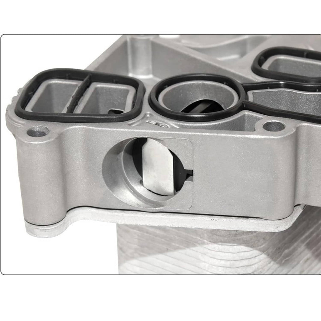 Oil cooler filter housing close-up showing circular opening and gasket port details