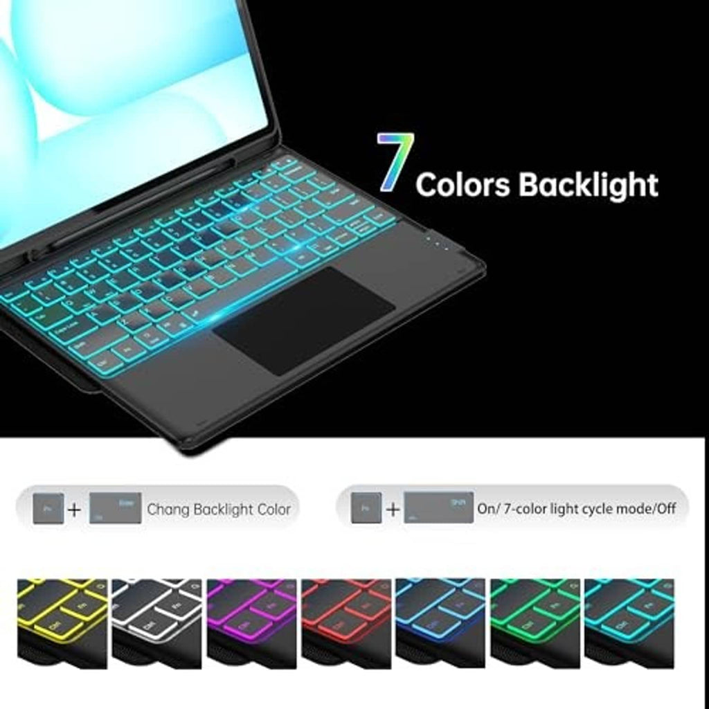 Black folio keyboard case with turquoise backlit keys and multi-color backlight options