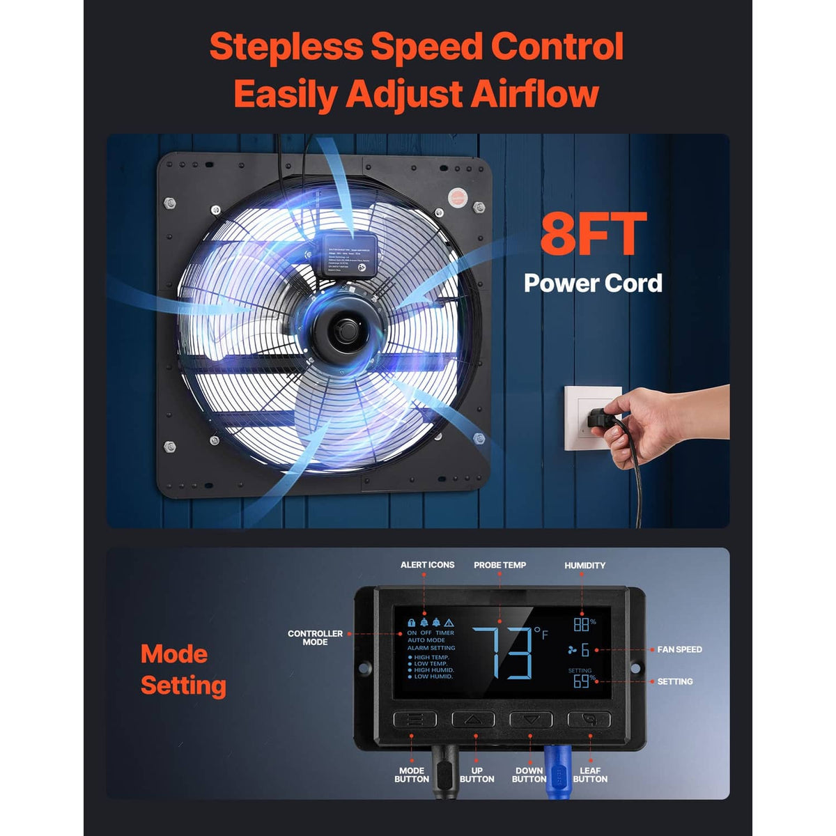 Wall-mounted shutter exhaust fan front panel with circular fan housing and control display