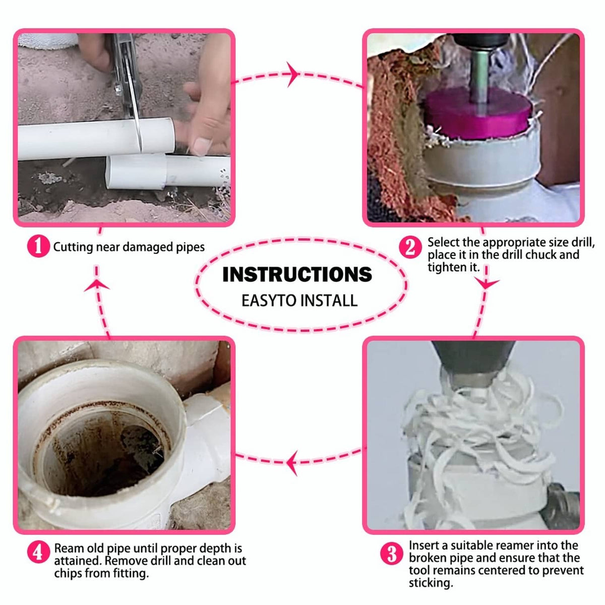 Plastic pipe fitting reamer kit showing step-by-step install on a plastic pipe