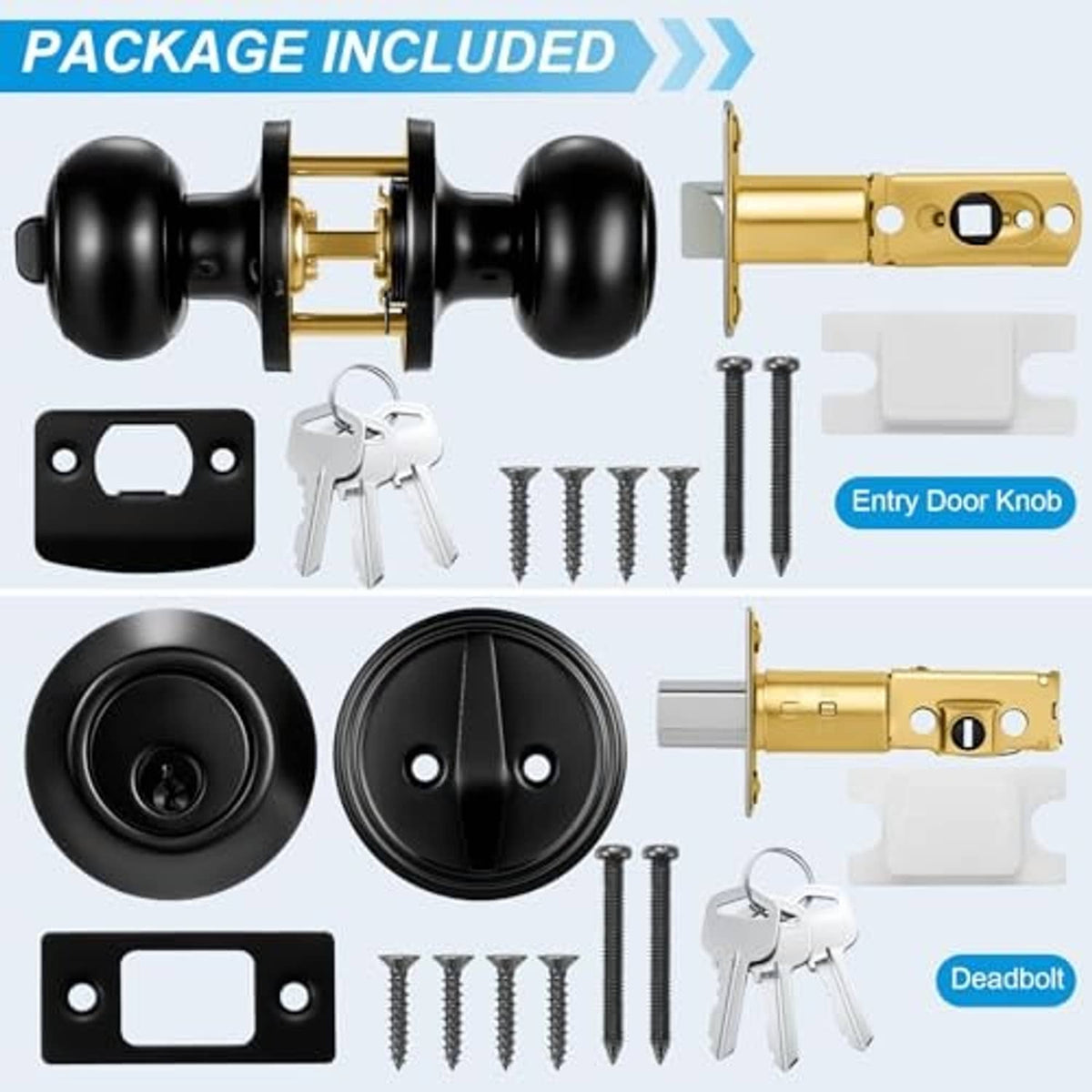 Included matte black and gold door lock parts: knobs, plates, screws, and keys
