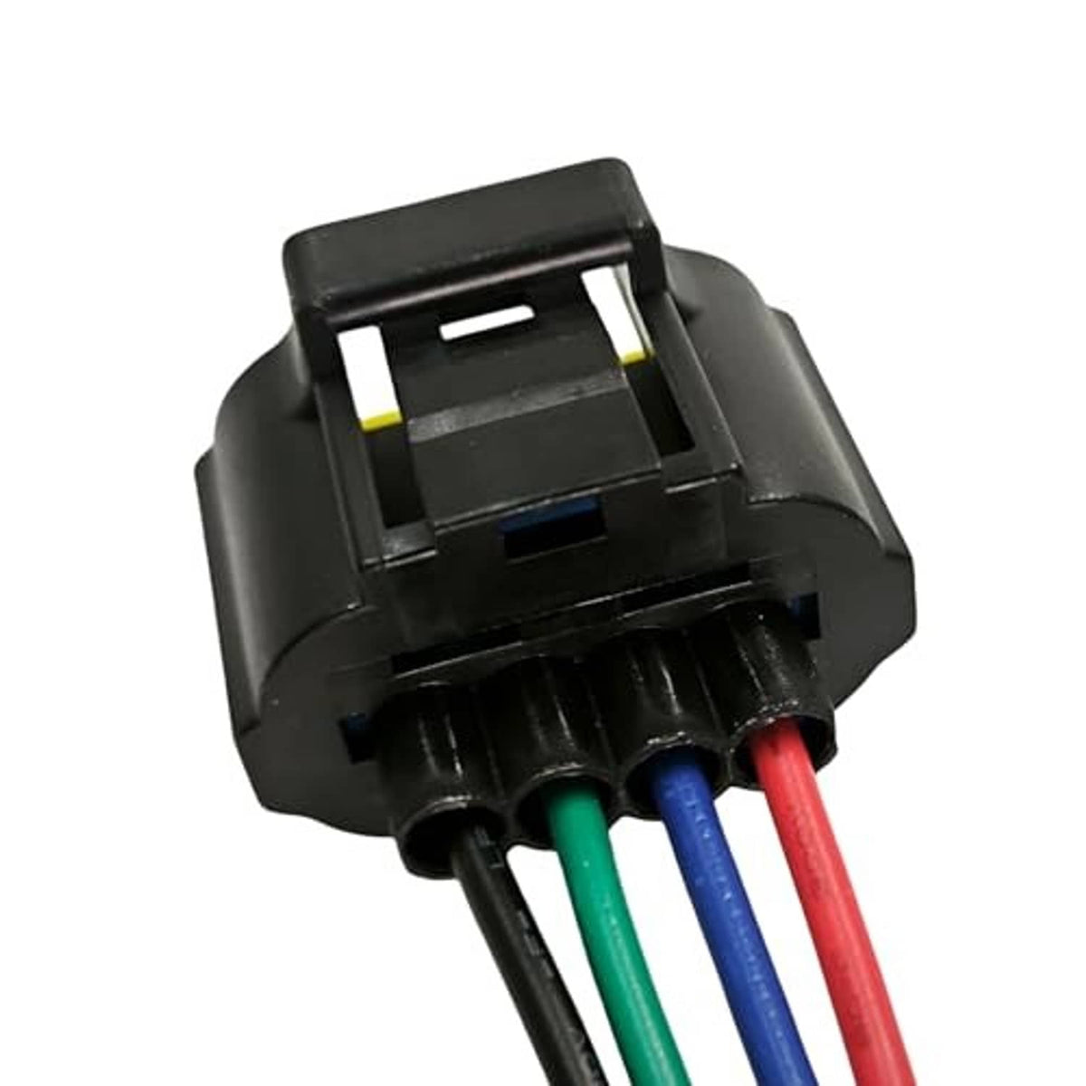4-way TPS wiring harness pigtail connector with black rear housing and colored wire leads