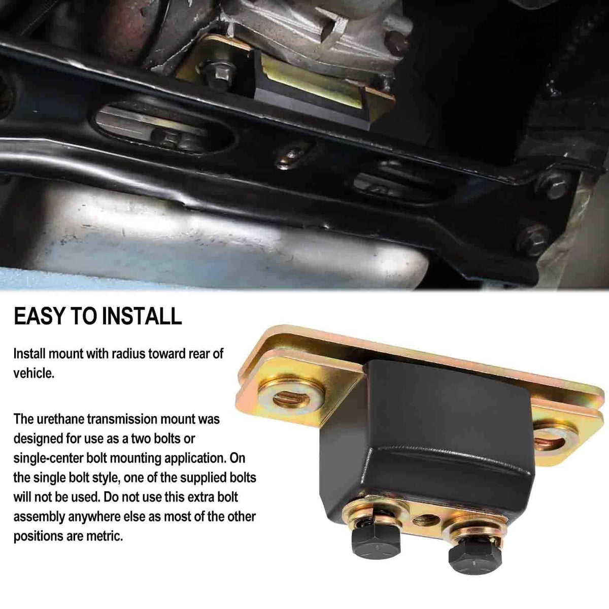 Black polyurethane transmission mount bracket with two threaded studs
