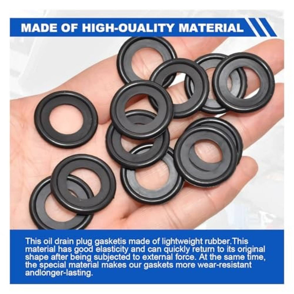Black rubber oil drain plug gasket rings on open palm, set of 10
