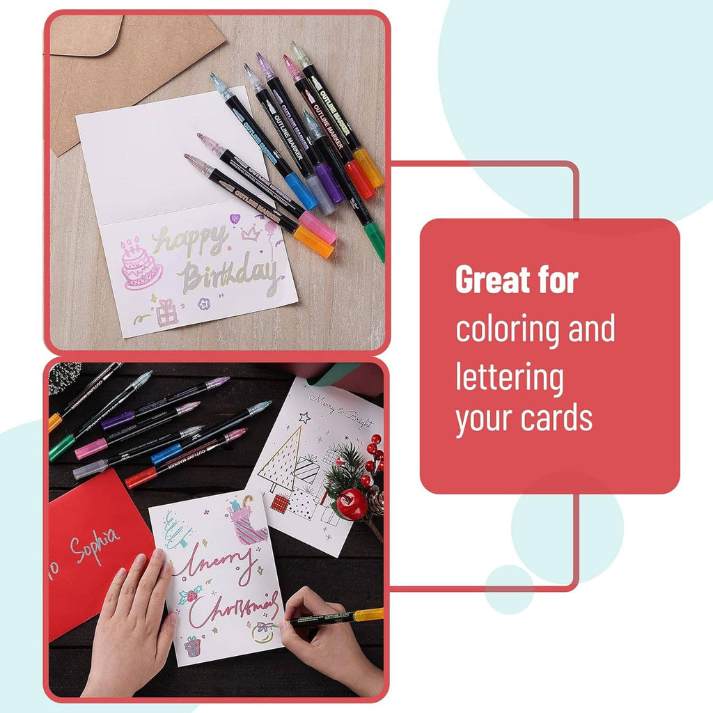 Assorted metallic outline markers used to color birthday cards and lettering.
