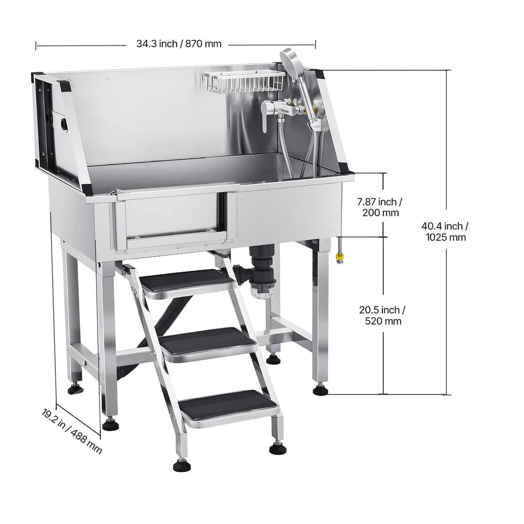 Stainless steel pet grooming tub with three-step stairs and mounted faucet hardware