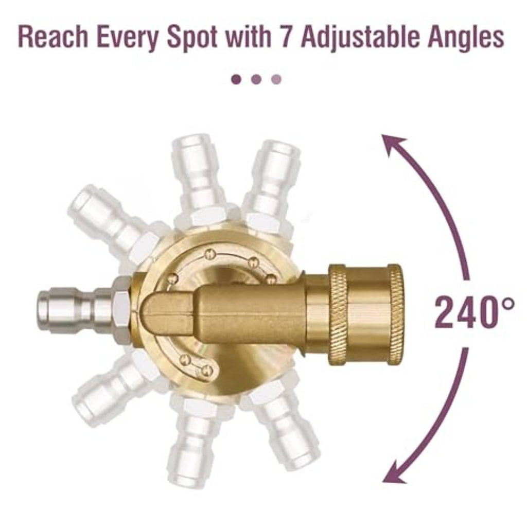 Pivoting quick-connect coupler with multi-angle jet ports, brass body and silver connectors