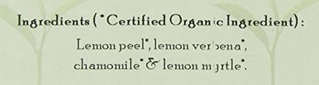 Ingredients panel: lemon peel, lemon verbena, chamomile & lemon myrtle