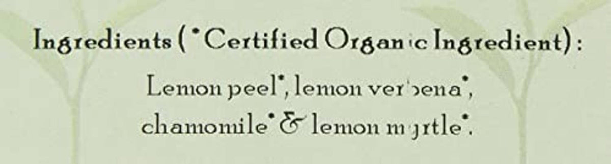 Ingredients panel: lemon peel, lemon verbena, chamomile & lemon myrtle